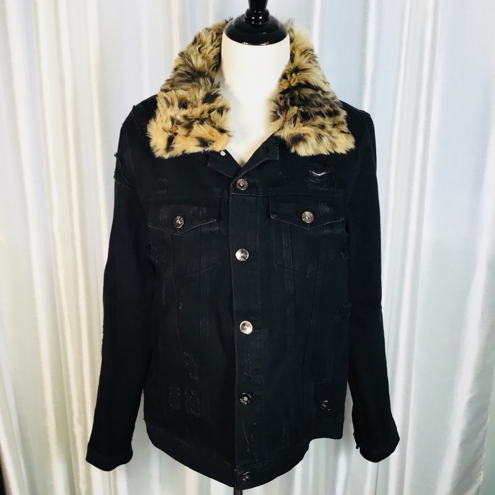 Ci‎ Sono Black Denim Distressed Moto Jacket Medium